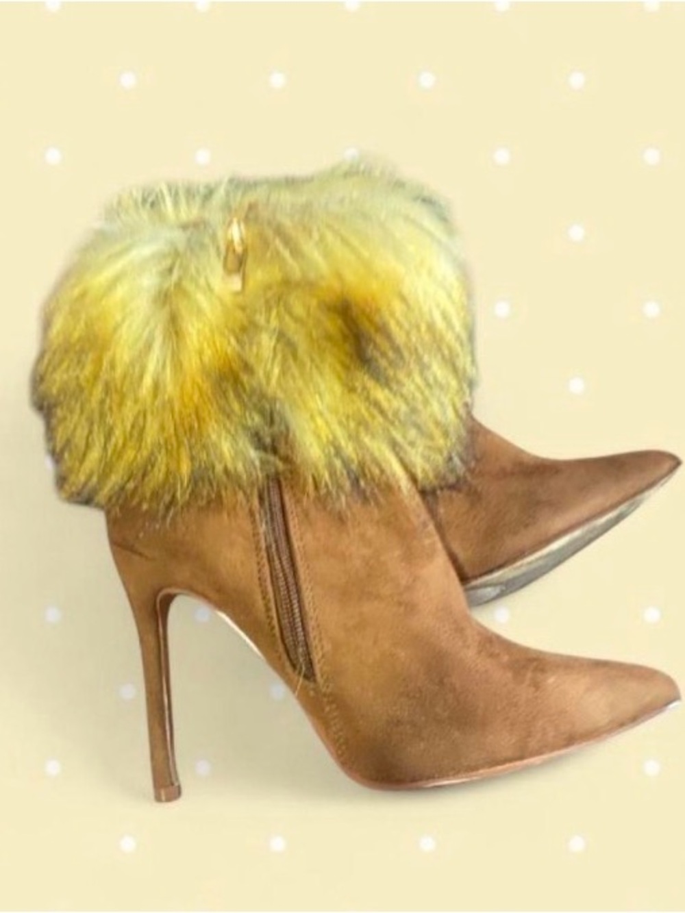 Tan Suede Pointed-Toe Stiletto Booties with Yellow Fur Cuff